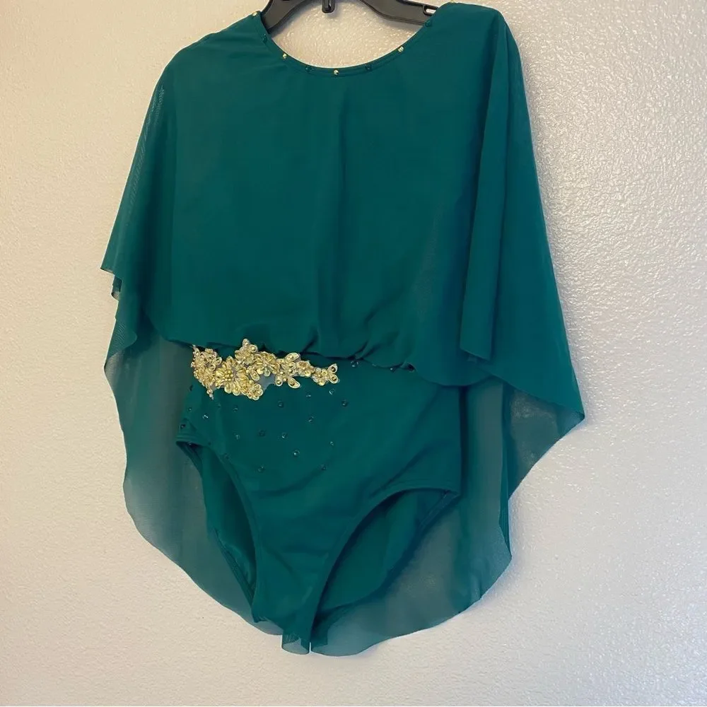 WEISSMAN Elite solo Dance Costume green Mesh Draped Cape Leotard SM12293 LC